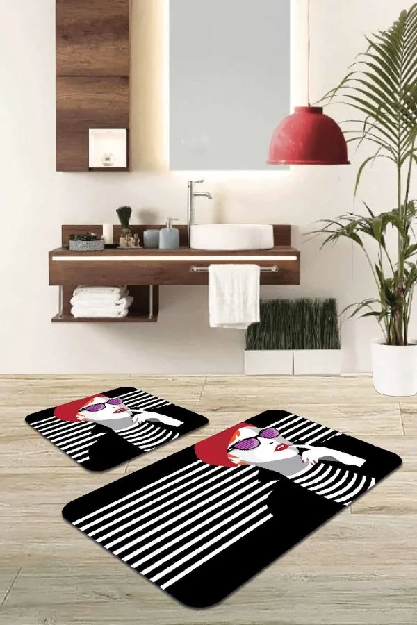 Yuvarlak Banyo Halısı 120X120 Siyah Yüzler Banyo Halısı Klozet Takımı Paspas Seti BS220