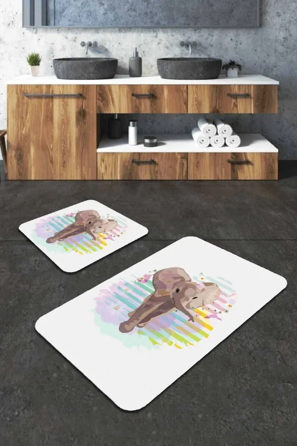 Su Emen Paspas Ekru Fil Desenli Banyo Halısı Klozet 2'li Paspas Seti BS224