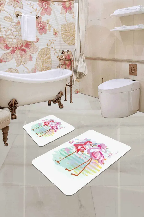 Ekru Flamingolu Banyo Halısı Klozet Takımı Paspas Seti BS226