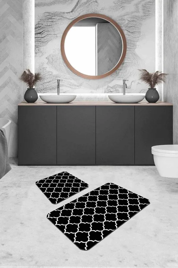 Banyo Paspas Takımı 2 Li Siyah Fas Desen Banyo Halısı Klozet Takımı Paspas Seti BS227