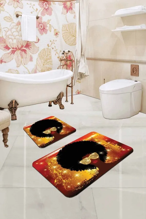 Dijital Klozet Takımı Turuncu Etnik Desen Banyo Halısı Klozet Paspas Seti BS228