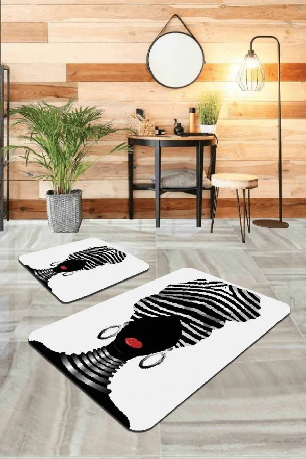 Çeyizlik Klozet Takımı Modelleri Ekru Etnik Desenli Banyo Halısı Klozet Paspas Seti BS231