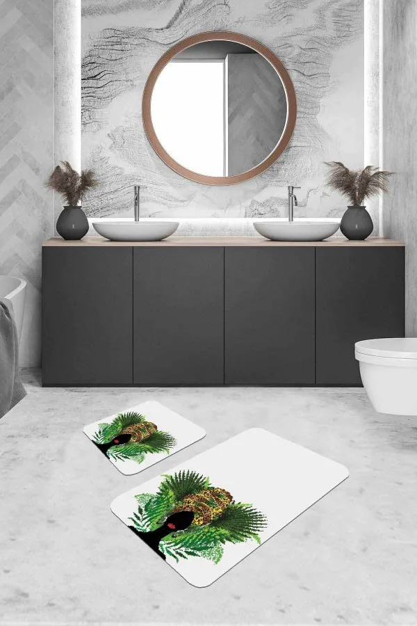 Değişik Klozet Takımları Ekru Etnik Desen Banyo Halısı Klozet 2'li Paspas Seti BS232