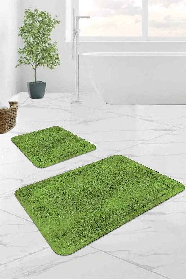 Dijital Banyo Paspas Seti Yeşil Modern Klasik Banyo Halısı Klozet Paspas Seti BS233