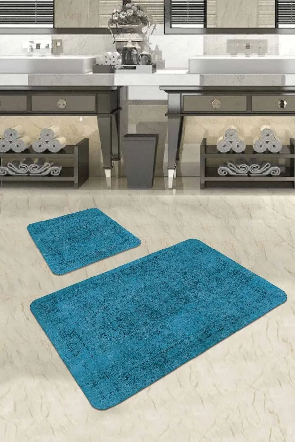 Hazır Klozet Takımı Modelleri Mavi Modern Klasik Banyo Halısı Klozet Paspas Seti BS234