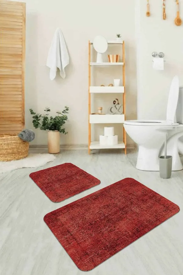 Banyo Paspası Yıkanabilir Kiremit Modern Klasik Banyo Halısı Klozet Paspas Seti BS236