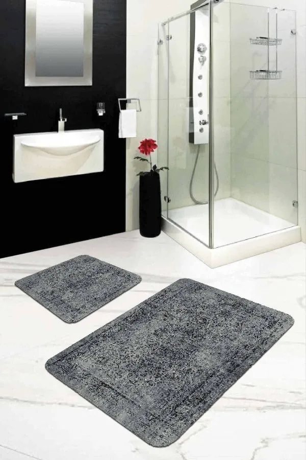 Tasarım Banyo Paspasları Gri Modern Klasik Banyo Halısı Klozet 2'li Paspas Seti BS239