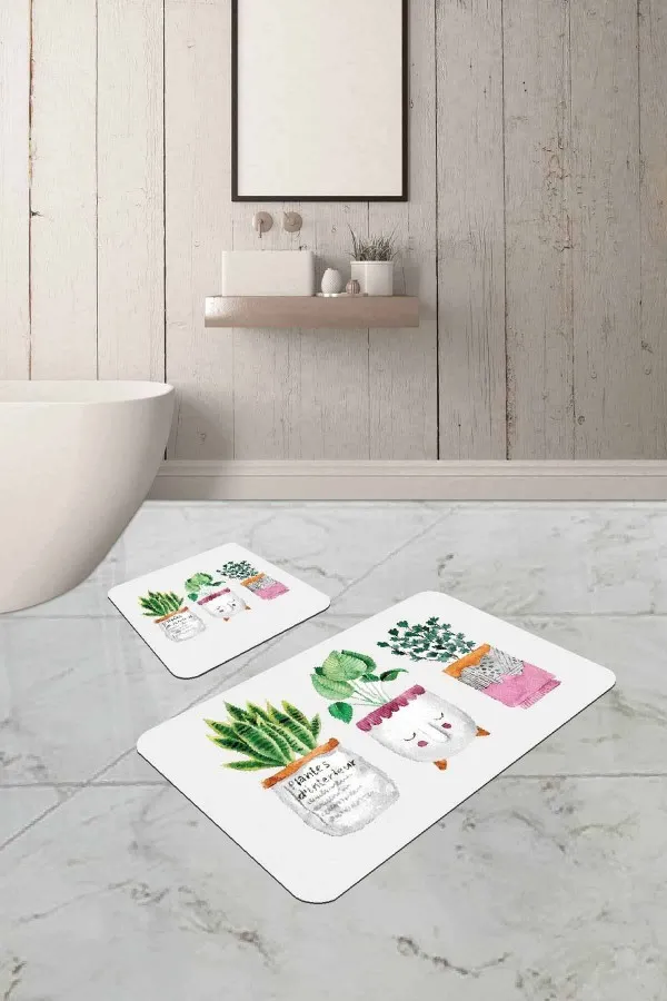 Yeni Model Banyo Paspasları Yeşil Kaktüslü Banyo Halısı Klozet Takımı Paspas Seti BS242