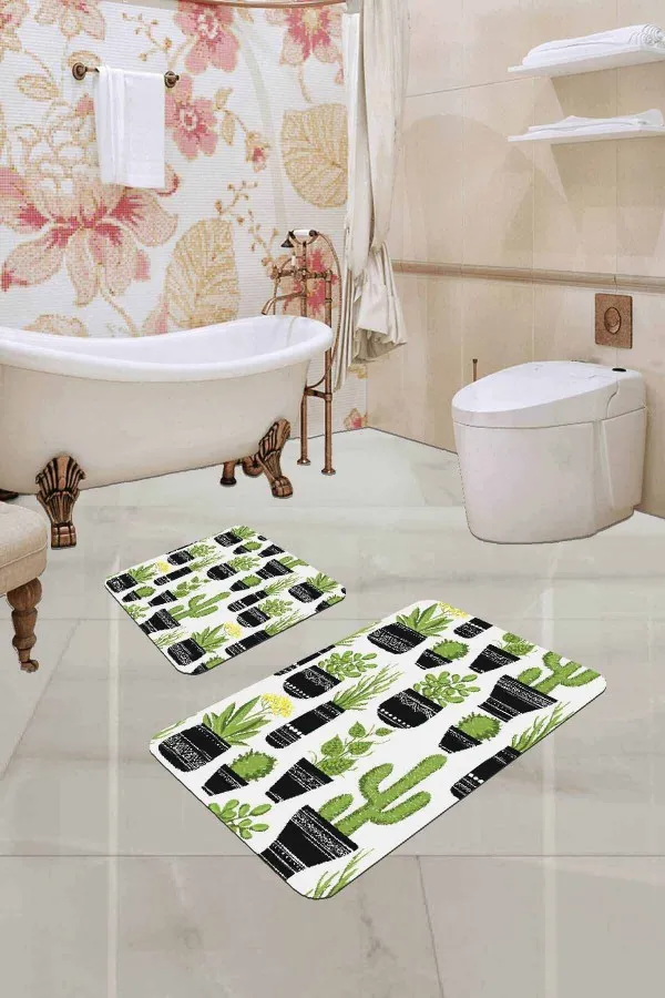 Yeşil Kaktüslü Desen Banyo Halısı Klozet Paspas Seti BS244