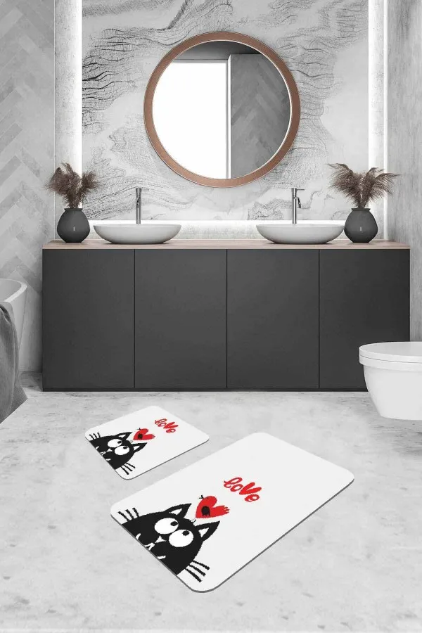 En Güzel Banyo Paspas Takımları Ekru Kedi Desenli Banyo Halısı Klozet 2'li Paspas Seti BS249