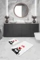 En Güzel Banyo Paspas Takımları Ekru Kedi Desenli Banyo Halısı Klozet 2'li Paspas Seti BS249