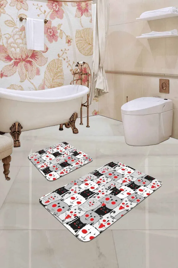 Kaymaz Taban Klozet Takımları Renkli Kedili Banyo Halısı Klozet Takımı Paspas Seti BS250