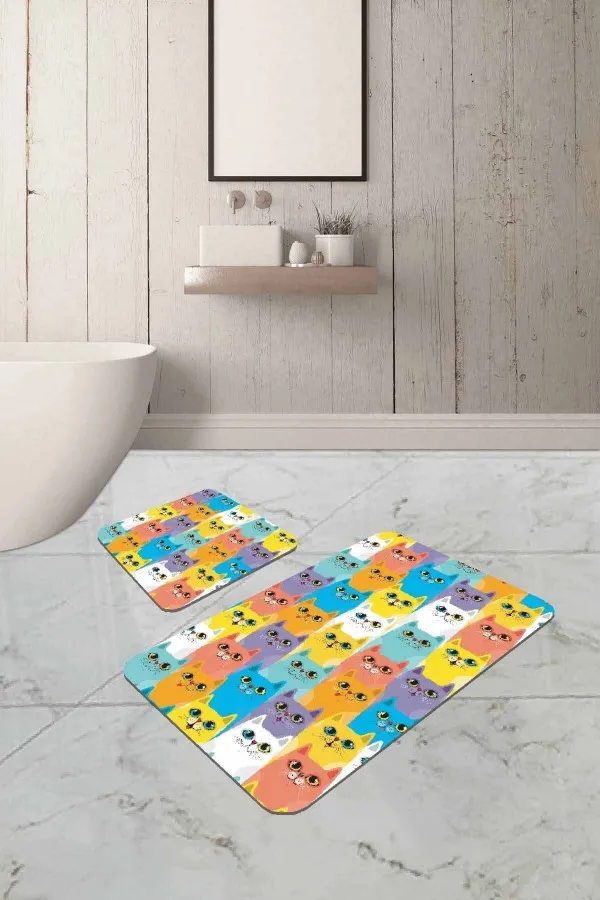 İkili Banyo Paspası Renkli Kedili Desen Banyo Halısı Klozet Paspas Seti BS251