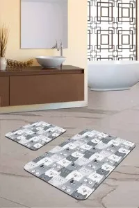 Gri Kedi Desenli Banyo Halısı Klozet 2'li Paspas Seti BS253 Gri Kedi Desenli Banyo Halısı Klozet 2'li Paspas Seti BS253