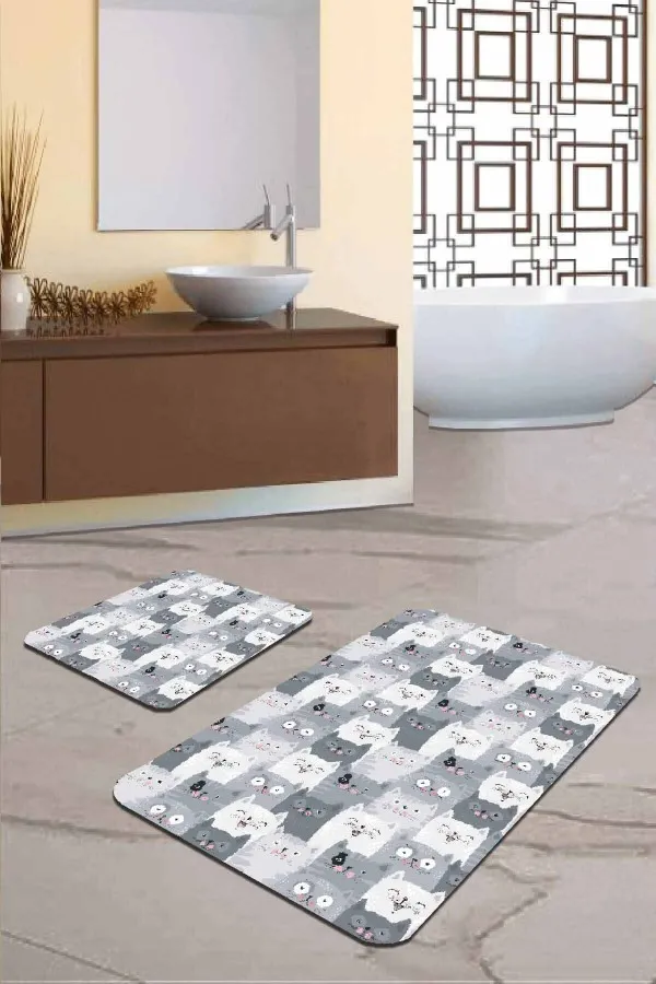Tek Parça Banyo Paspası Gri Kedi Desenli Banyo Halısı Klozet 2'li Paspas Seti BS253