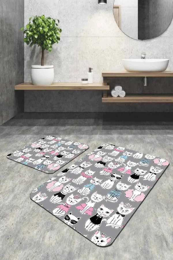 Tek Parça Büyük Banyo Paspası Gri Kedili Banyo Halısı Klozet Takımı 2'li Paspas Seti BS254