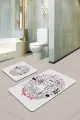 Güzel Banyo Paspasları Fuşya Kedili Desen Banyo Halısı Klozet Paspas Seti BS255