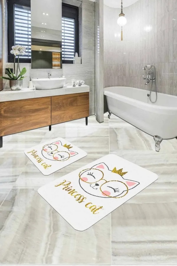 En Güzel Klozet Takımı Modelleri Ekru Kedi Temalı Banyo Halısı Klozet 2'li Paspas Seti BS256