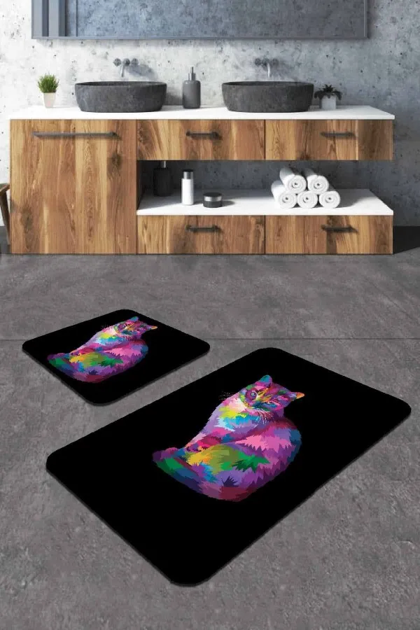 Yıkanabilir Banyo Halısı Siyah Kedi Desenli Banyo Halısı Klozet Paspas Seti BS257