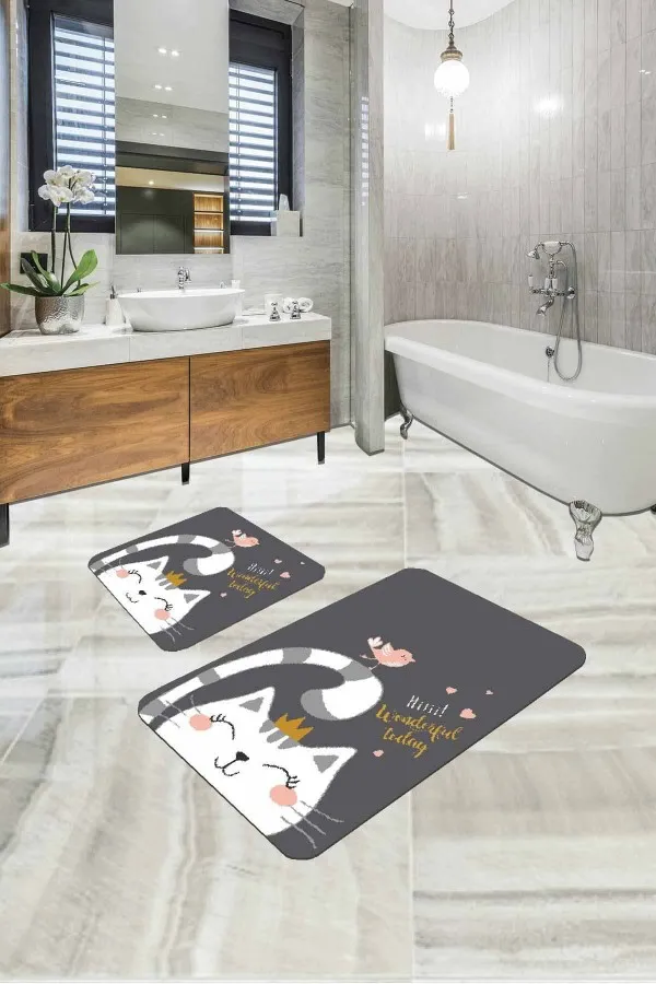 Tekli Banyo Halısı Gri Kedili Banyo Halısı Klozet Takımı 2'li Paspas Seti BS258
