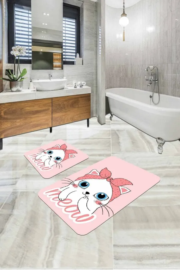 Banyo Halısı 70X120 Pembe Kedi Desenli Banyo Halısı Klozet Paspas Seti BS261