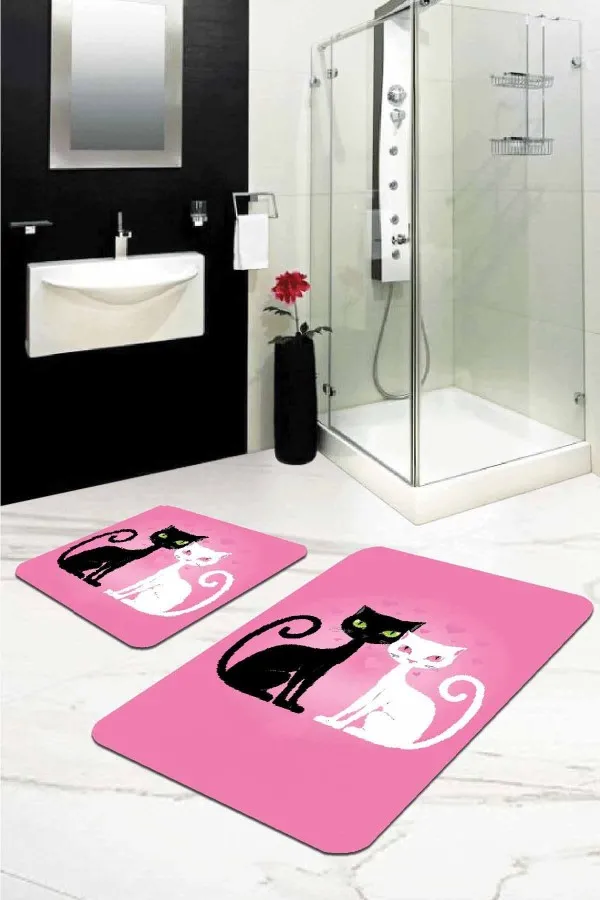 Banyo Halısı 80 X 120 Pembe Kedili Banyo Halısı Klozet Takımı Paspas Seti BS262