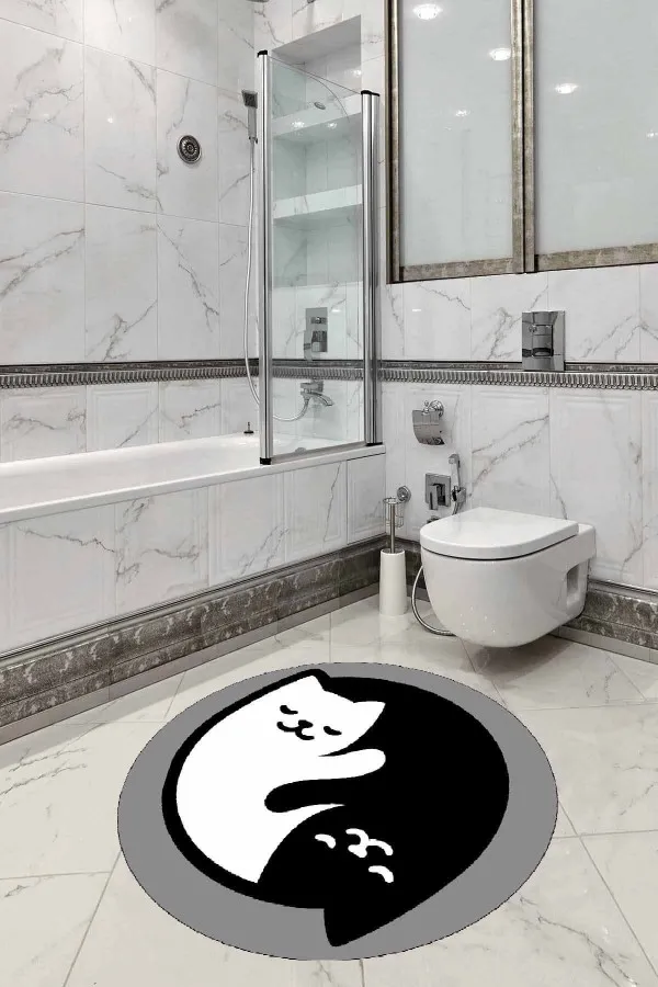Kaymaz Yuvarlak Banyo Paspas Modelleri Gri Kedili Banyo Halısı Klozet Yuvarlak Paspas Seti BS264