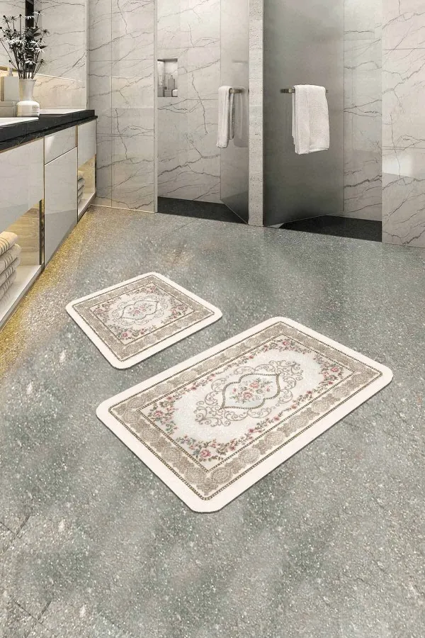 Klozet Takım Modelleri Bej Modern Klasik Banyo Halısı Klozet 2'li Paspas Seti BS277