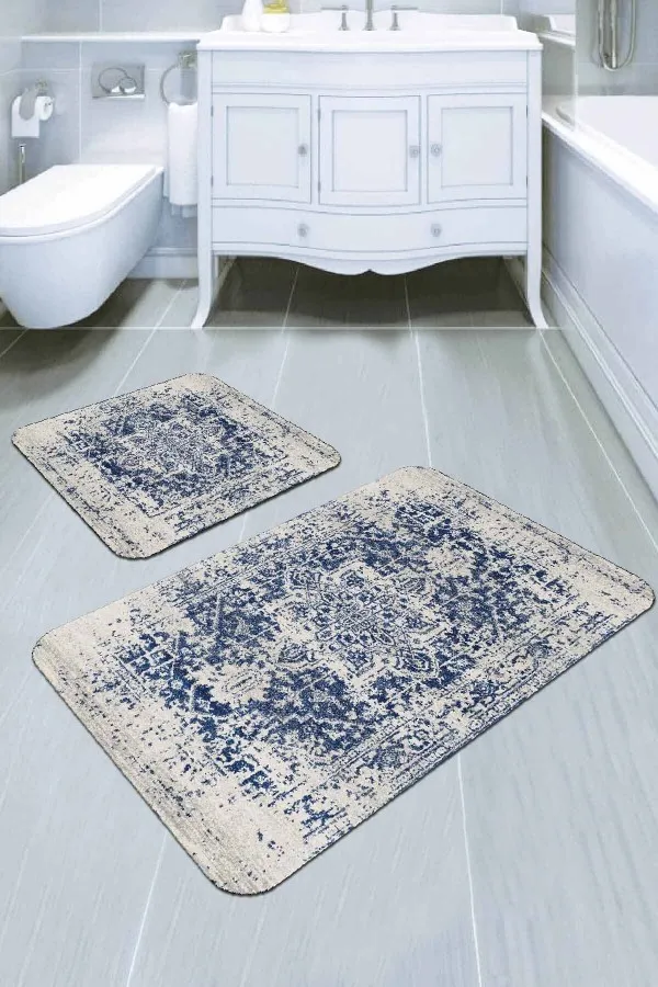 Kadife Banyo Paspas Takımı Mavi Modern Klasik Banyo Halısı Klozet Paspas Seti BS278
