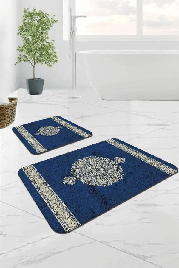 Kadife Klozet Takımı Mavi Modern Klasik Banyo Halısı Klozet Paspas Seti BS280