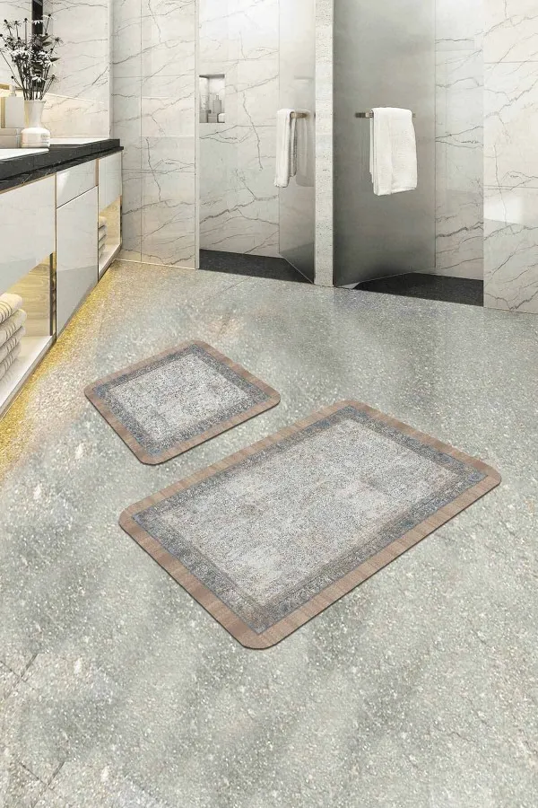 Banyo Paspası 100X100 Bej Modern Klasik Banyo Halısı Klozet 2'li Paspas Seti BS285