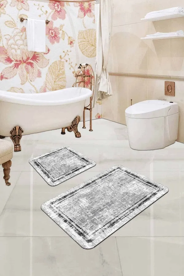 120X120 Yuvarlak Paspas Gri Modern Klasik Banyo Halısı Klozet 2'li Paspas Seti BS286