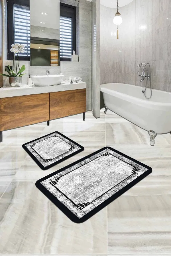 Banyo Halıları Yuvarlak Gri Modern Klasik Banyo Halısı Klozet 2'li Paspas Seti BS287