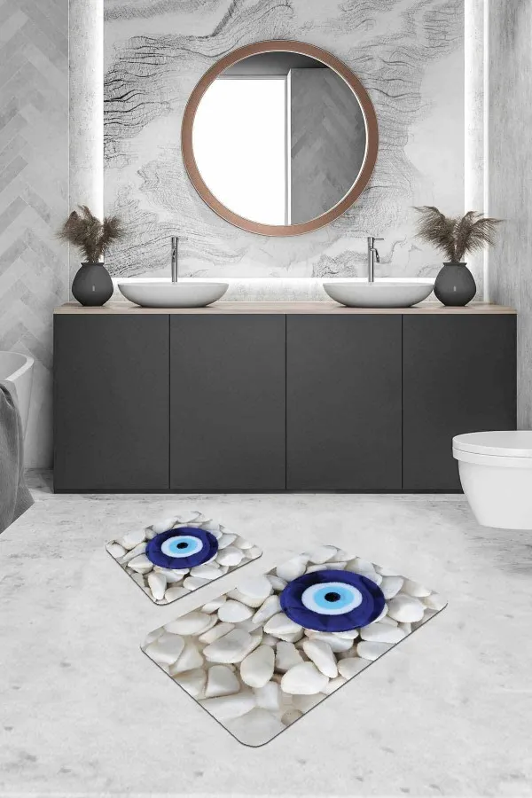 Banyo Klozet Halıları Lacivert Nazar Boncuğu Banyo Halısı Klozet Paspas Seti BS288