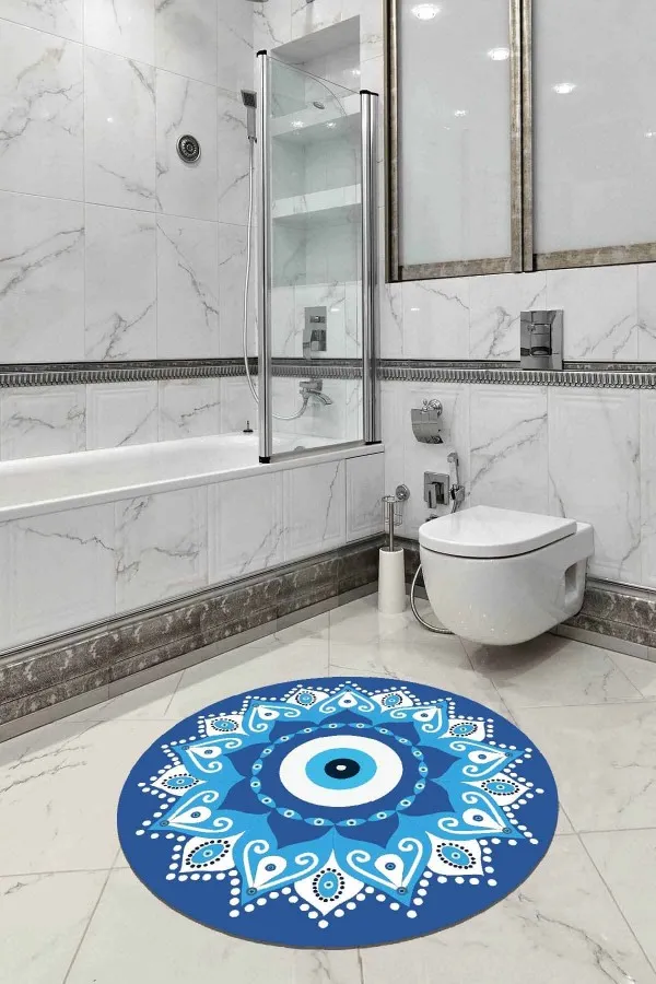 Yuvarlak Banyo Paspası 100X100 Mavi Nazar Boncuklu Yuvarlak Banyo Klozet Paspas Seti BS289