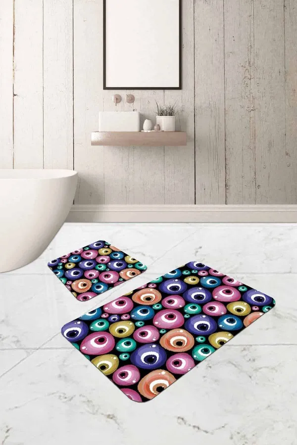 Banyo Paspası 70X130 Renkli Nazar Boncuklu Banyo Halısı Klozet Paspas Seti BS291