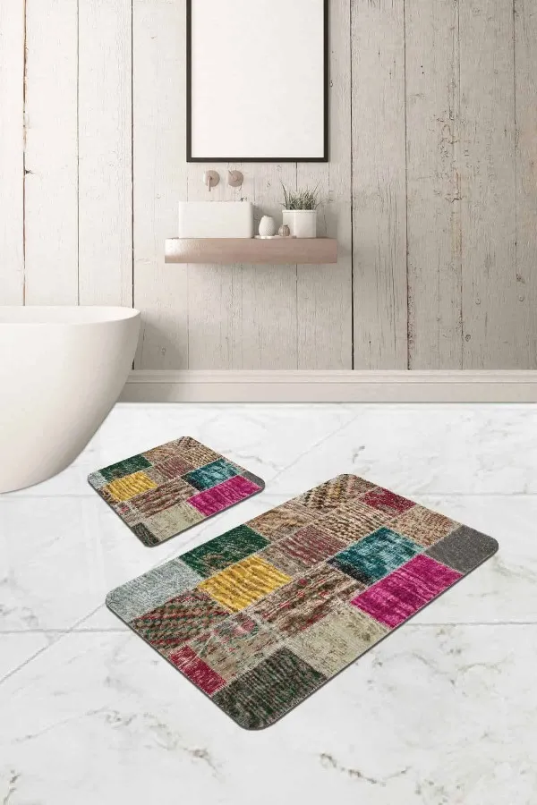 İkili Banyo Paspas Seti Renkli Patchwork Banyo Halısı Klozet 2'li Paspas Seti BS294