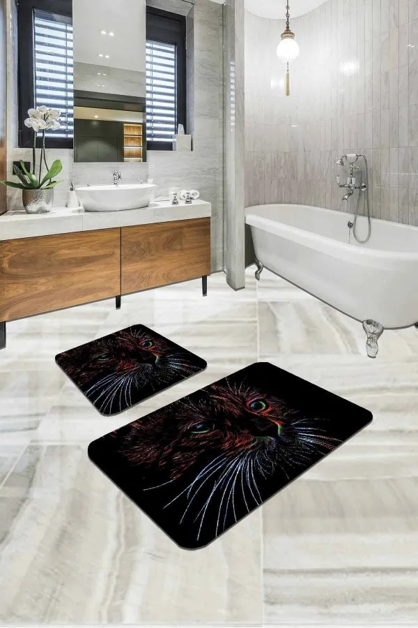 Kaymaz Taban Paspas Siyah Kedi Desenli Banyo Halısı Klozet Paspas Seti BS295