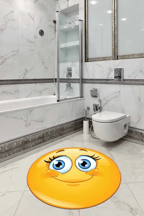 Kaymaz Yuvarlak Büyük Banyo Paspası Sarı Smiley Banyo Halısı Klozet Yuvarlak Paspas Seti BS297