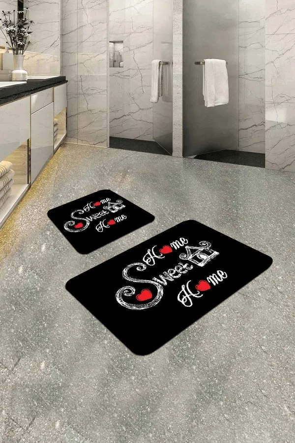 Banyo Halısı Kestirme Siyah Home Sweet Banyo Halısı Klozet 2'li Paspas Seti BS302
