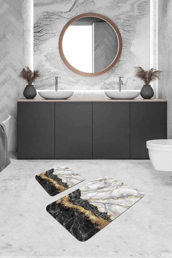 Banyo Paspas Takımları Siyah Mermer Görünümlü Banyo Halısı Klozet Paspas Seti BS305