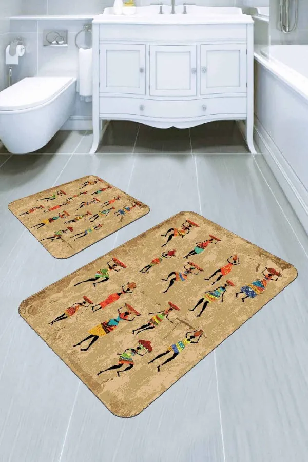 Bej Etnik Desenli Banyo Halısı Klozet 2'li Paspas Seti BS307