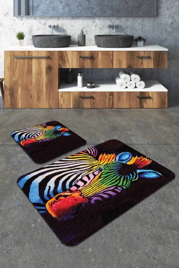 Klozet Takımı Çeşitleri Renkli Hayvan Temalı Banyo Halısı Klozet Paspas Seti BS309
