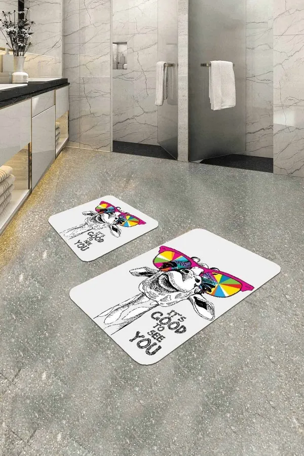 En Güzel Klozet Takımları Ekru Hayvan Temalı Banyo Halısı Klozet Paspas Seti BS313