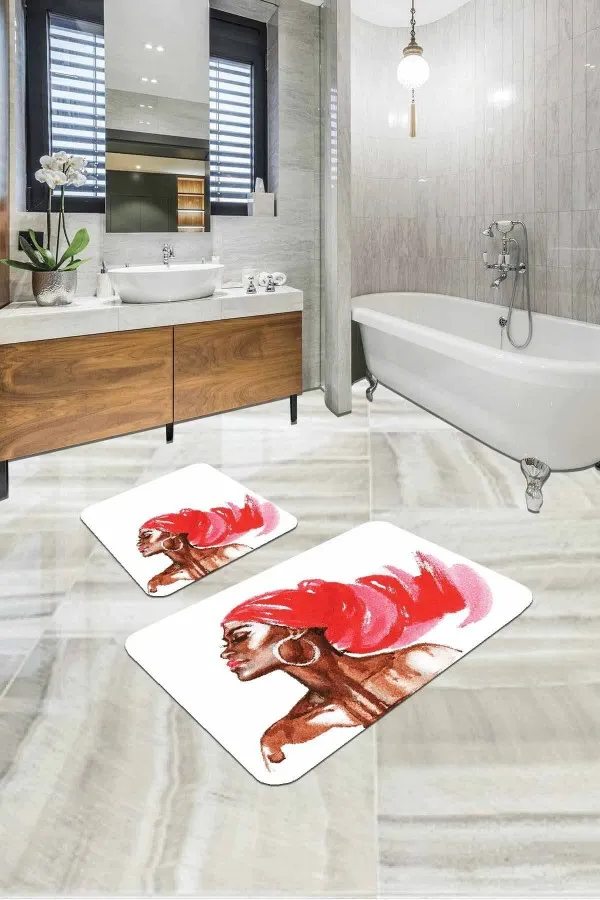 Büyük Banyo Halıları Pembe Etnik Desen Banyo Halısı Klozet 2'li Paspas Seti BS318