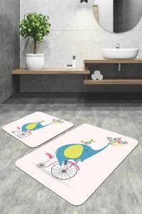 Pudra Fil Desenli Banyo Halısı Klozet 2'li Paspas Seti BS320 Pudra Fil Desenli Banyo Halısı Klozet 2'li Paspas Seti BS320