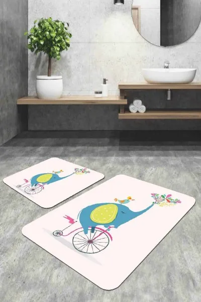 Pudra Fil Desenli Banyo Halısı Klozet 2'li Paspas Seti BS320