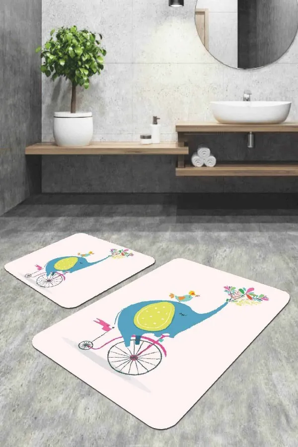 Banyo 3 Lü Klozet Takımı Pudra Fil Desenli Banyo Halısı Klozet 2'li Paspas Seti BS320