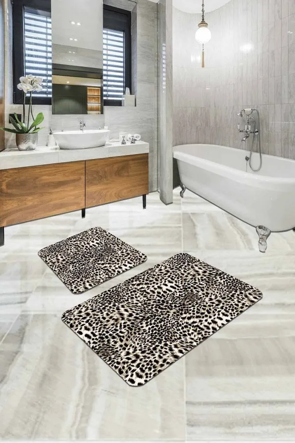 Banyo Klozet Paspas Takımları Bej Leopar Desenli Banyo Halısı Klozet Paspas Seti BS324