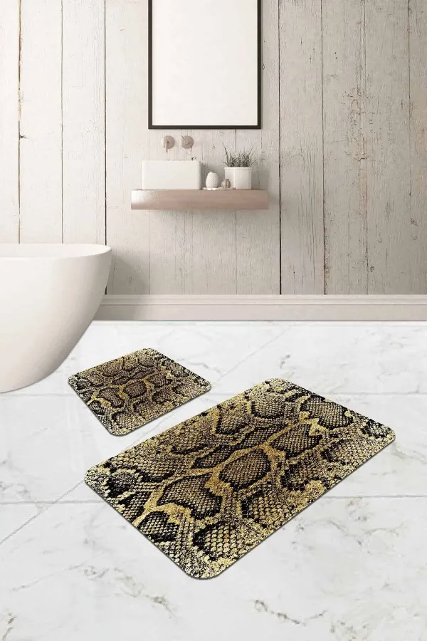 İkili Klozet Takımı Gold Krokodil Desen Banyo Halısı Klozet Paspas Seti BS325